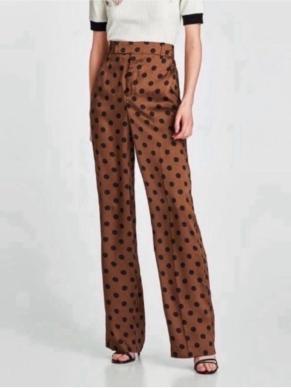Zara Brown & Black Polka Dot Satin Twill Wide-Leg Pants - Large EUC